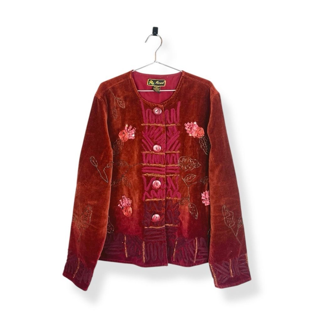 Vintage Art to Wear Embroidered And Sequined Button Up Velour Boho Jacket